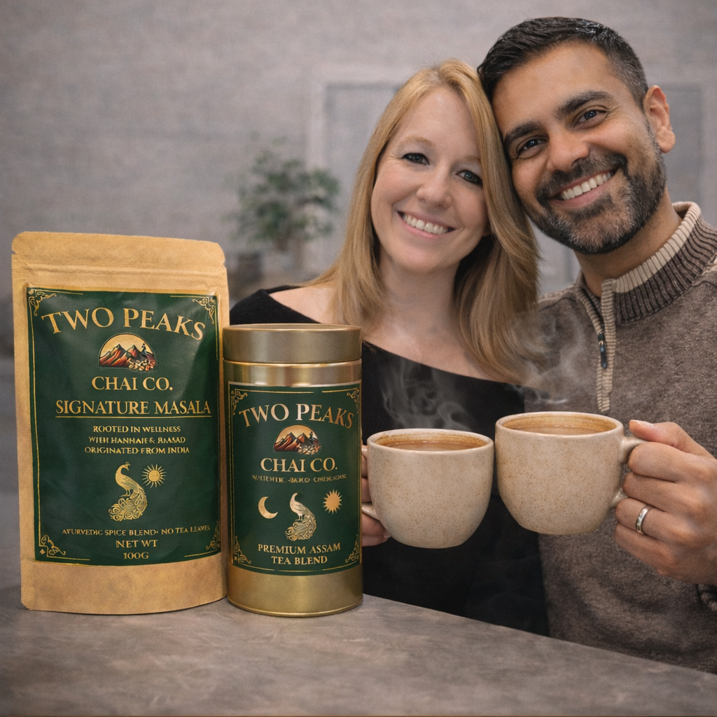 Two Peaks Chai Co. products with a couple enjoying chai at a table.